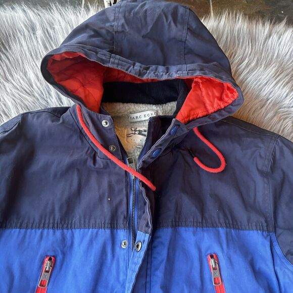 Marc Ecko Cut Sew Jacket Sz L Mens Red Blue Zip Pockets Warm Colorblock Hood - Picture 7 of 10